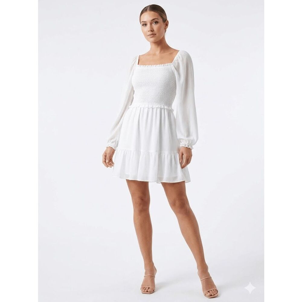 1.STATE Women's White Smock Bodice Ruffle Hem Long Sleeve Dress L